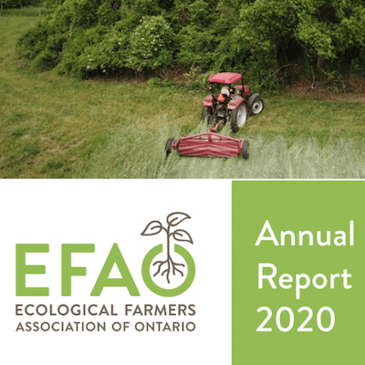 2020 EFAO Annual Report cover with a red tractor cutting hay