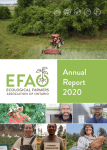 Cover of EFAO's 2020 Annual Report, with a tractor cutting hay and multiple smiling farmers