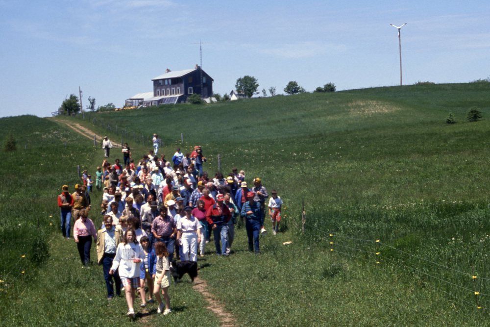 Many people walking on farm tour