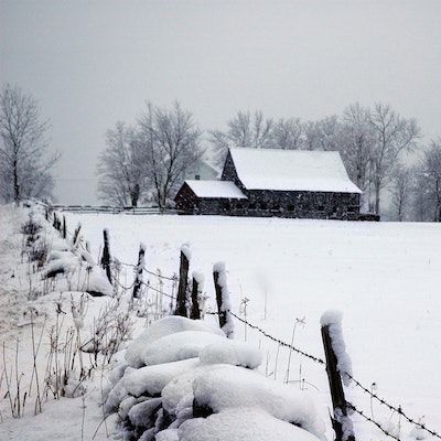 A snowy scene with a fence line on the left and a barn in the background, behind a snow covered field