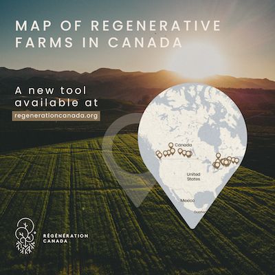Map of Regenerative Farms in Canada promotion over a farmscape image at sunset